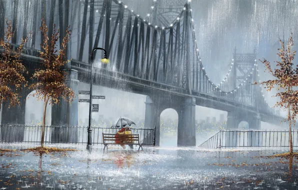 Trees, rain, street, umbrella, lights, pair, two, bench