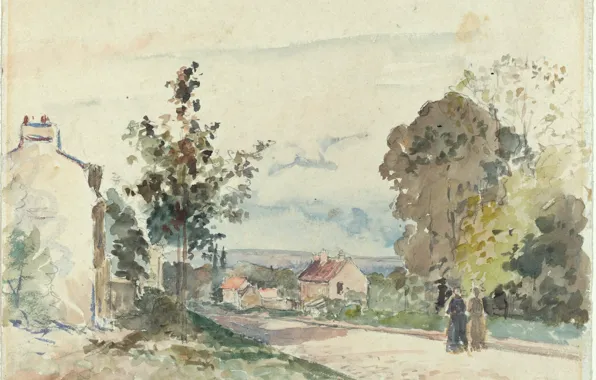 Landscape, figure, watercolor, Camille Pissarro, The road from Versailles to Louveciennes