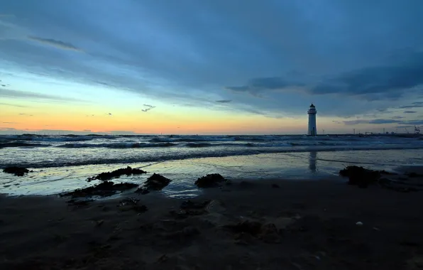 Sea, landscape, sunset, lighthouse