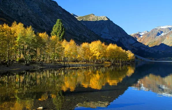 Picture autumn, the sky, trees, mountains, lake