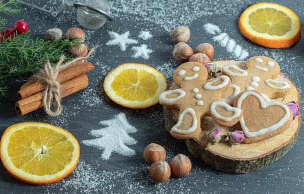 Table, men, oranges, cookies, Christmas, New year, sugar, nuts