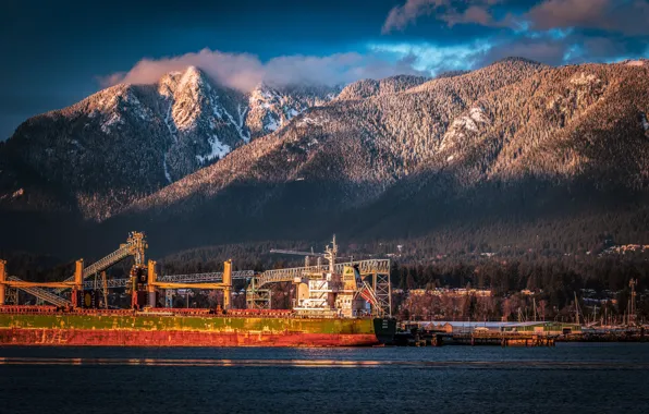 Forest, mountains, shore, ship, port, Canada, pond