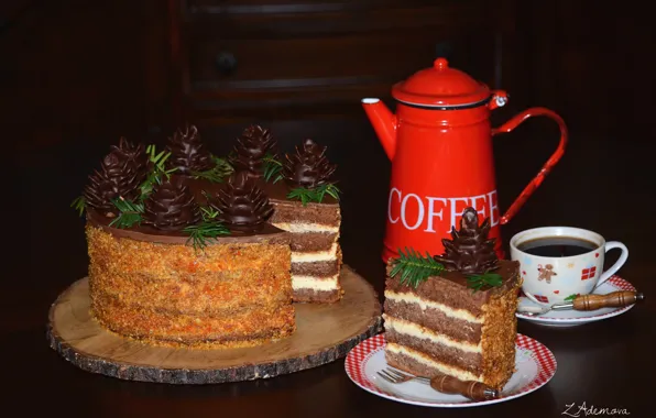 Coffee, chocolate, cake, piece, glaze, coffee pot