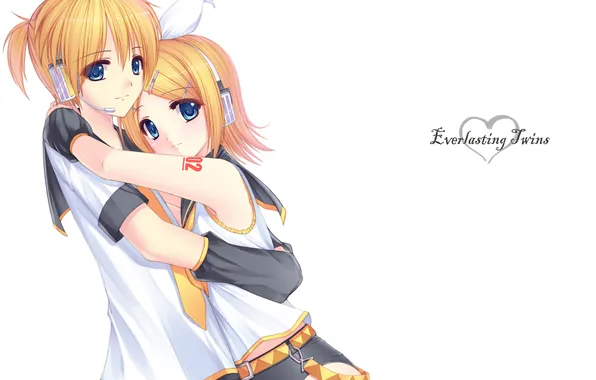 Picture girl, music, headphones, guy, vocaloid, hugs, kagamine rin, Vocaloid