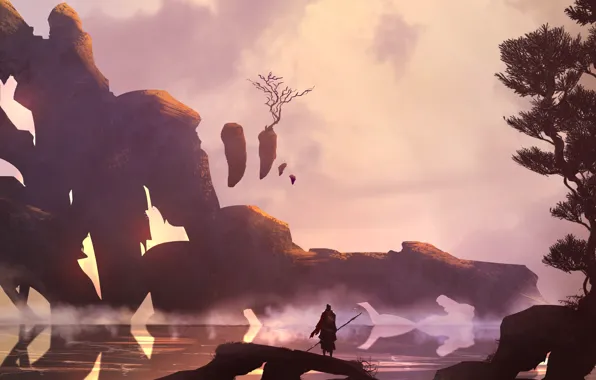 Figure, Rocks, People, Warrior, Background, Landscape, Art, Landscapes