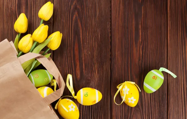 Easter, tulips, yellow, wood, tulips, spring, Easter, eggs