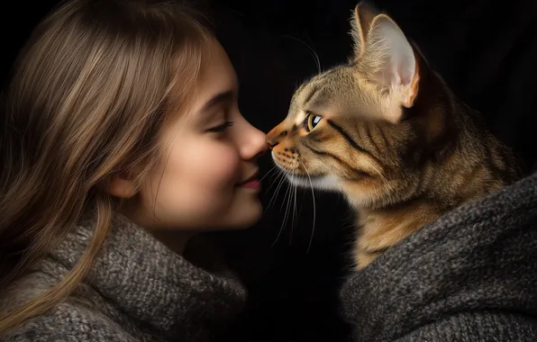 Cat, cat, look, girl, face, smile, grey, sweetheart