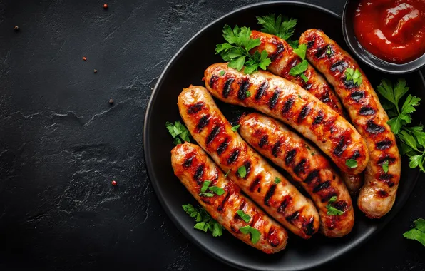Sausage, food, meat, bowl, black background, sauce, parsley, ketchup