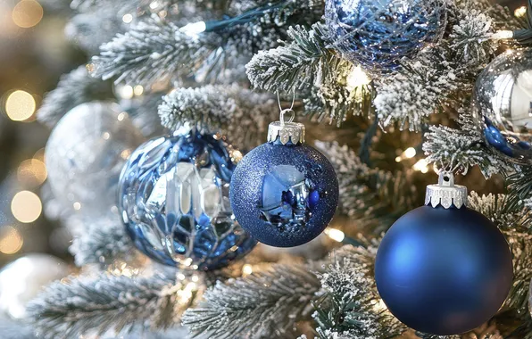 Balls, lights, Christmas, New year, banner, herringbone, needles, blue