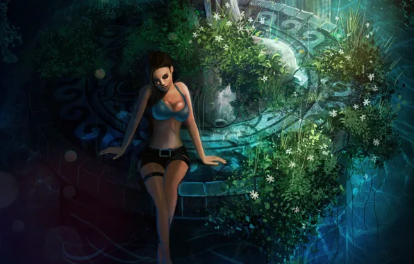 Picture chest, grass, girl, flowers, the game, shorts, fountain, sitting