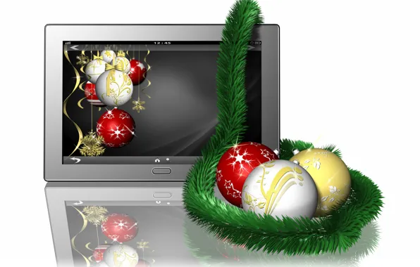 Reflection, holiday, balls, white background, New year, tinsel, tablet, Christmas