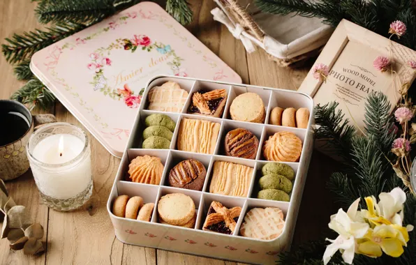 Picture box, candles, cookies, cuts