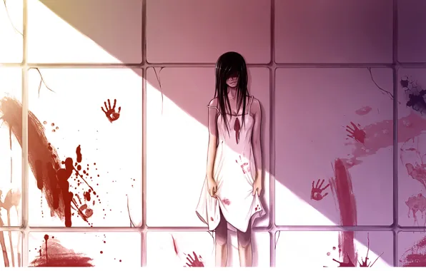 Picture the victim, horror, black hair, killer, blood, the wall, blood spatter, light and shadow