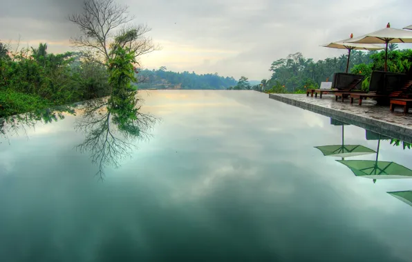 HDR, pool, sky, umbrella, infinity, calm, morning, reflection