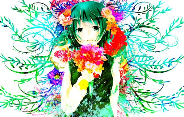 Girl, flowers, butterfly, anime, art, vocaloid, Vocaloid, gumi