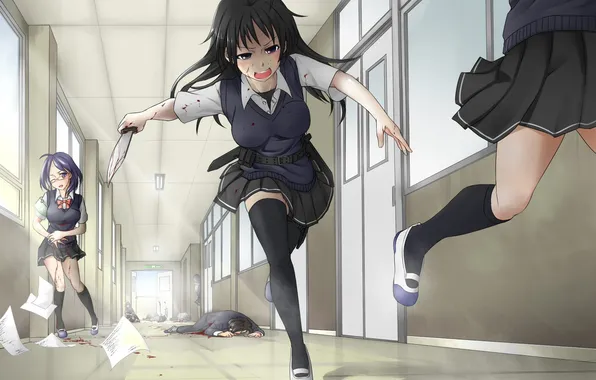 Picture weapons, girls, blood, anime, art, glasses, corridor, knife