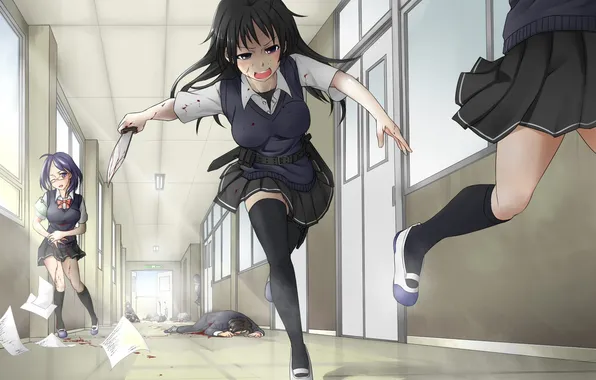 Weapons, girls, blood, anime, art, glasses, corridor, knife