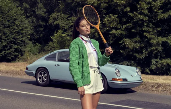 Picture girl, racket, professional tennis player, brand ambassador, Emma Raducanu, Porsche 911 1965