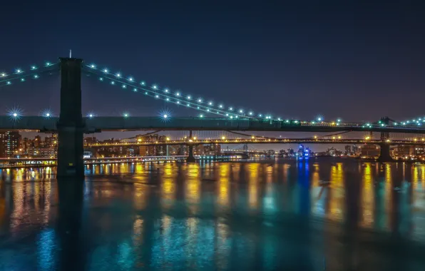Picture night, the city, lights, bridges, Brooklyn, Manhattan, New York City, Williamsburg Bridges