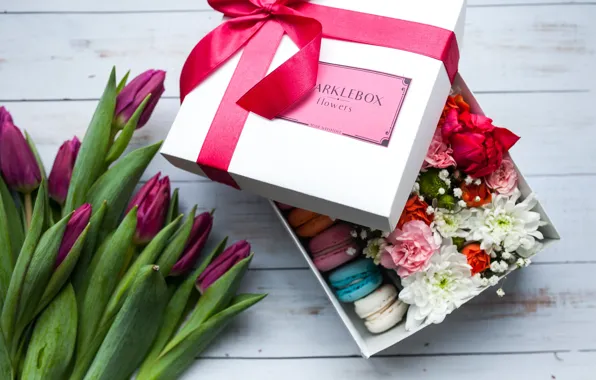 Box, gift, roses, bouquet, tape, tulips, red, macaron