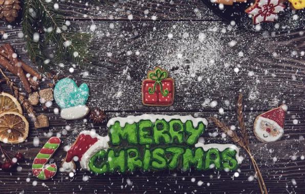 Snow, New Year, cookies, Christmas, wood, Merry Christmas, cookies, decoration