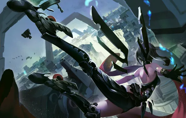 Picture girl, flight, the city, fiction, feet, drop, art, cyborg