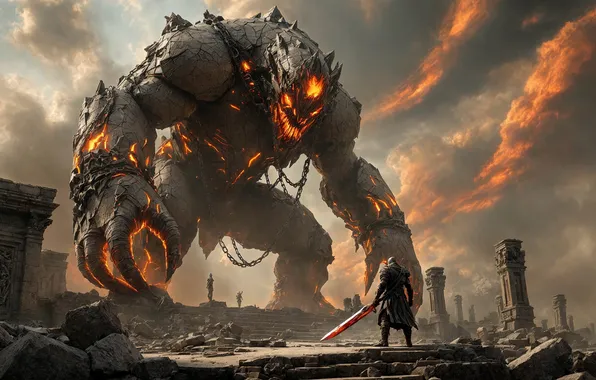 Magic, smoke, sword, ruins, battle, monster, fantasy art, lone warrior
