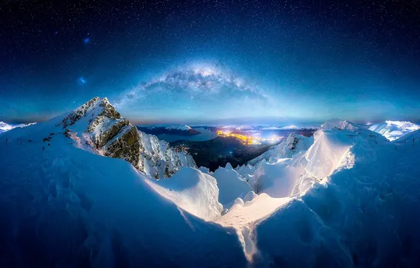 Picture winter, snow, mountains, night, the milky way