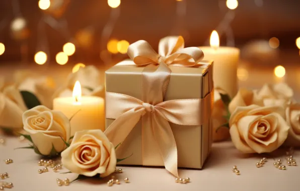 Flowers, holiday, gift, roses, candle, bouquet, candles, bow
