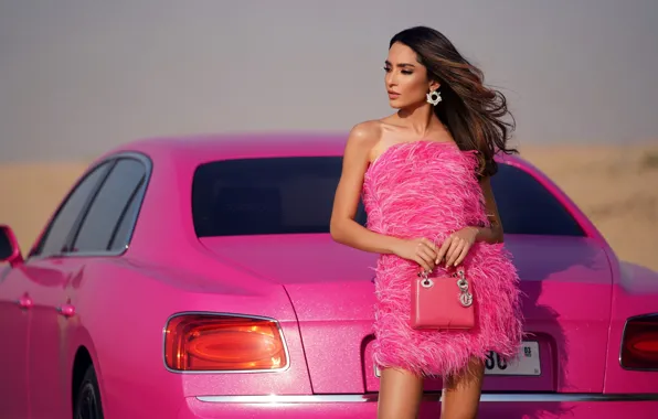 Machine, auto, girl, pose, style, Bentley, handbag, pink dress
