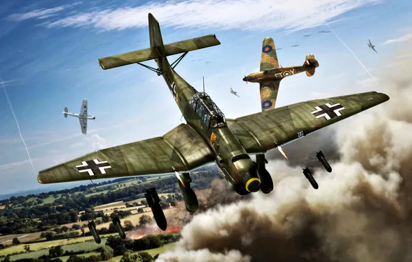 Picture Smoke, the bombing, Hawker Hurricane, dive bomber, Blitzkrieg 1940, bombs, Ju.87B-1, SC-50
