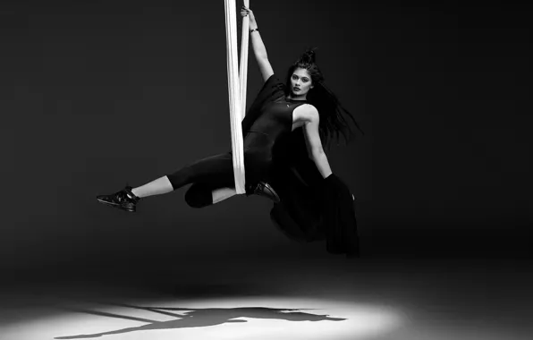 Pose, swing, model, makeup, brunette, hairstyle, costume, black and white