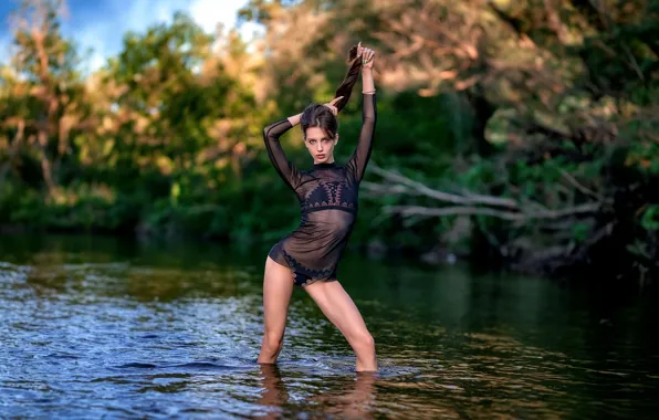 Swimsuit, girl, nature, pose, river, figure, bikini, long hair