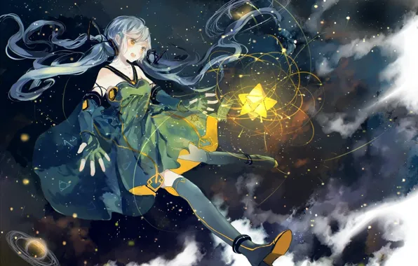 Space, lights, magic, star, stockings, gloves, vocaloid, long hair