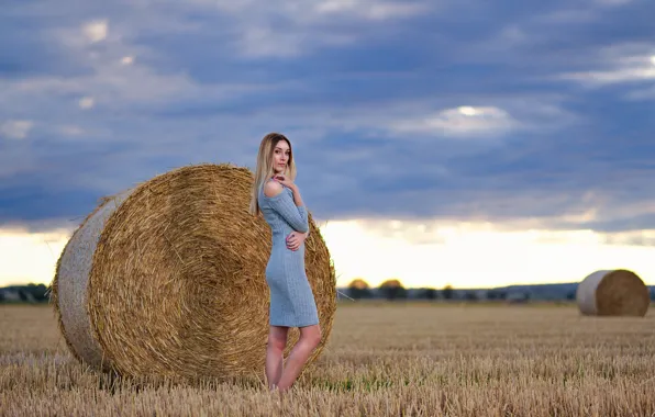 Picture field, look, clouds, sexy, pose, model, portrait, the evening