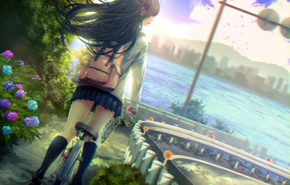 Road, the sky, girl, clouds, birds, nature, bike, anime