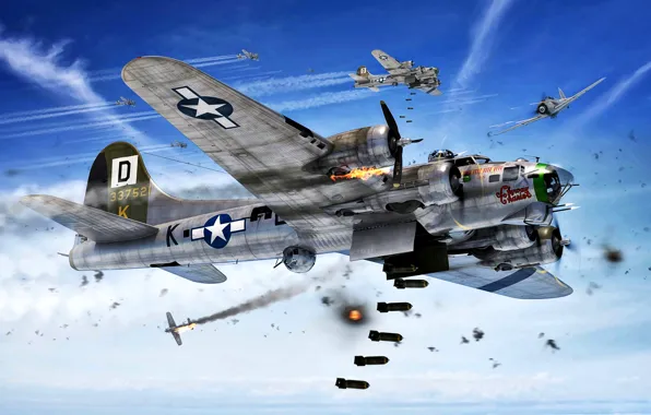 Picture attack, B-17G, The second World war, Luftwaffe, vapor trail, Fw.190A, bombs, war in the air