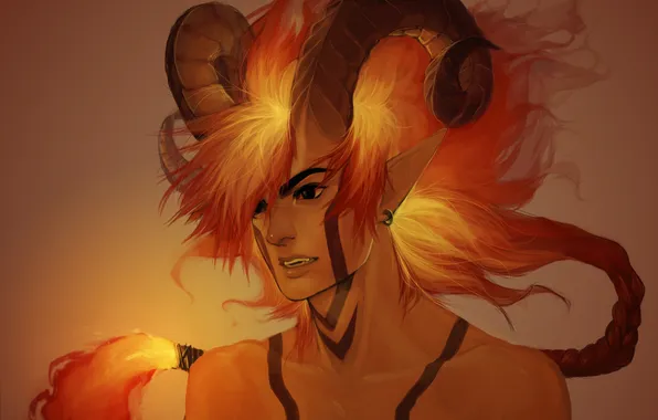 Picture fire, anime, art, tail, horns, guy, amsbt