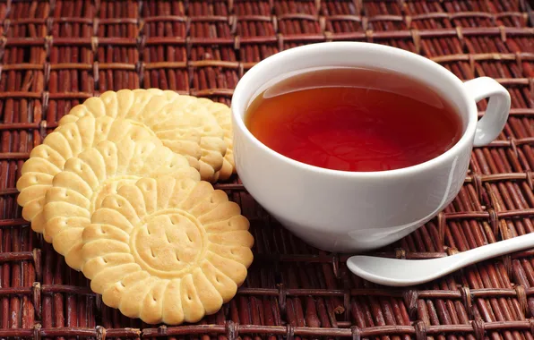 Picture tea, cookies, spoon, Cup, white