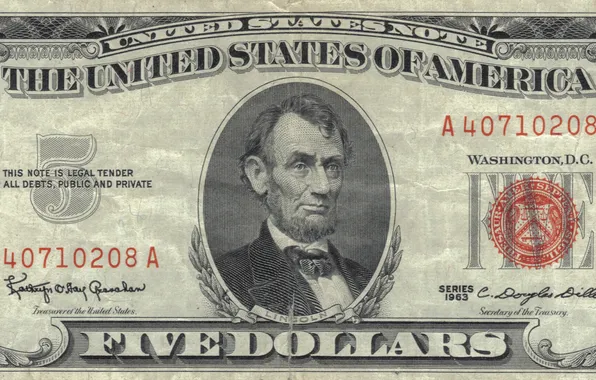 Lincoln, red, note, five, dollar, united, reserve, $