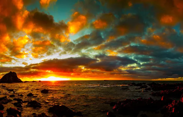 Sea, the sky, the sun, clouds, sunset, stones, coast, horizon