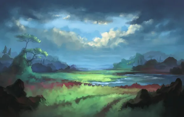 Grass, clouds, trees, river, rocks, painted landscape