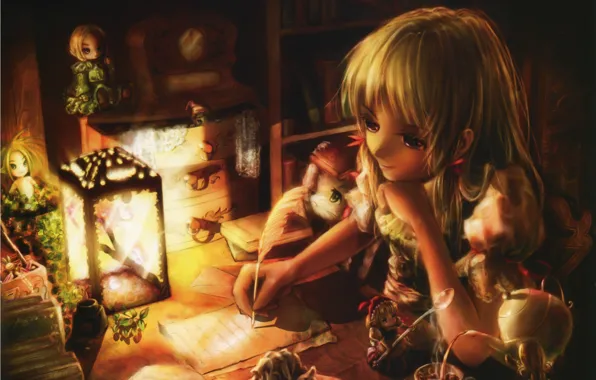 Letter, room, watch, books, doll, kettle, girl, lantern