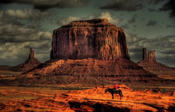 Picture the sky, clouds, horse, Mountains, rider, cowboy