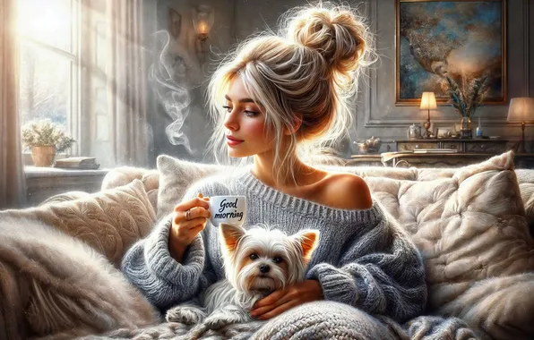 Girl, comfort, room, sofa, tea, coffee, dog, pillow