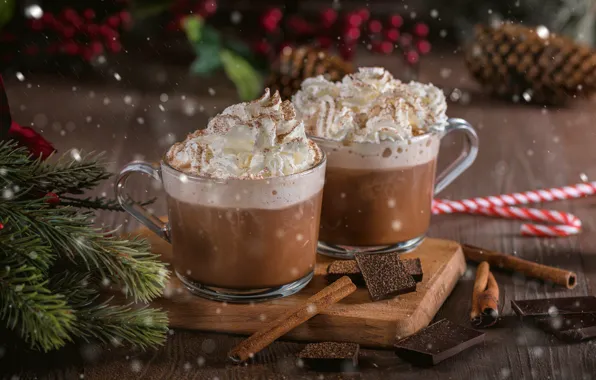 Branches, table, Board, coffee, chocolate, glasses, Christmas, pair
