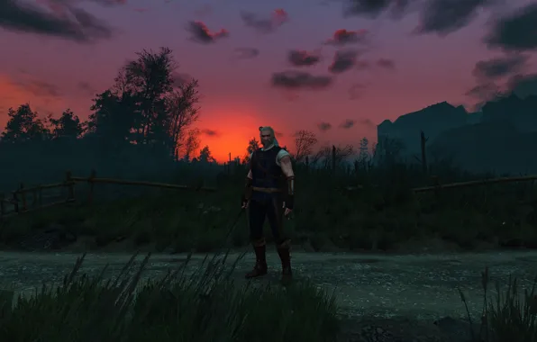 Sunset, Sword, Warrior, Armor, The Witcher, The Witcher, Geralt, CD Projekt RED