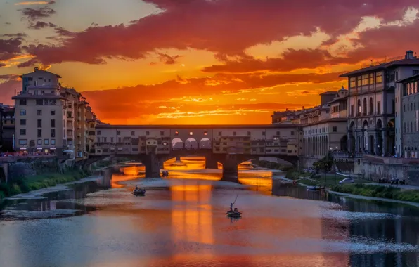 Sunset, bridge, river, boat, Italy, glow, Florence, The Ponte Vecchio