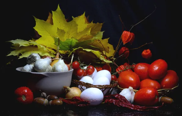 Autumn, leaves, eggs, harvest, bow, pepper, still life, tomatoes