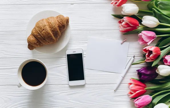 Flowers, coffee, Breakfast, Cup, tulips, pink, white, heart